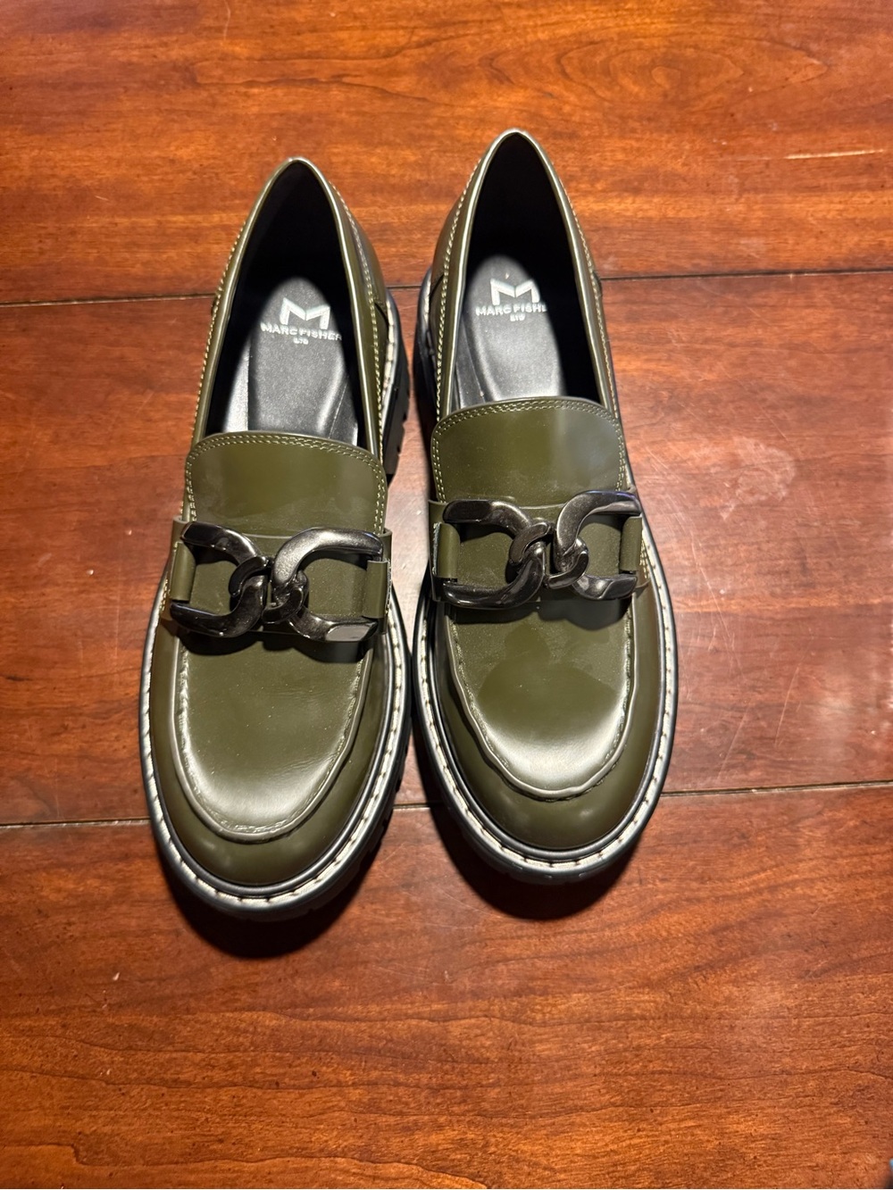 Marc Fisher Olive Green Chunky Chain Loafers